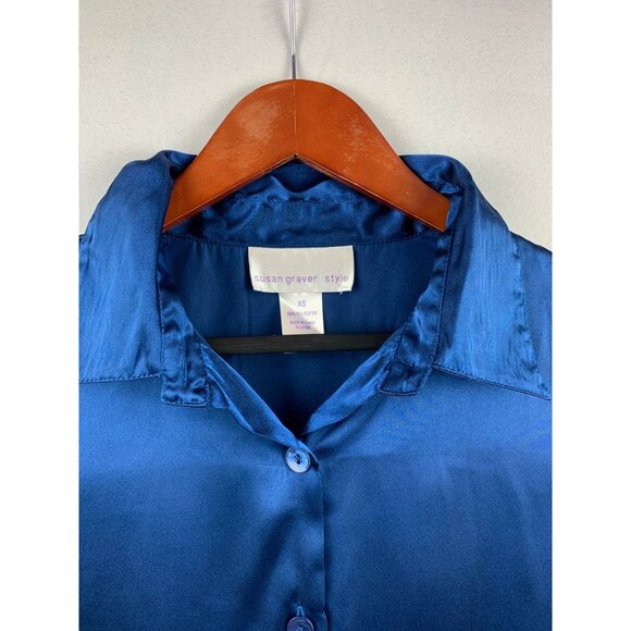 Susan Graver Style Royal Blue Satin Button-Up Shirt XS - Picture 2 of 4